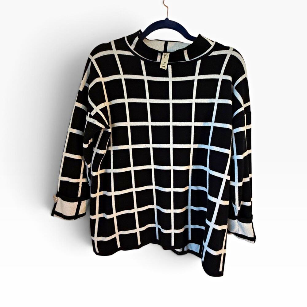 Pinna rossi Women's Black/White Check Knit Crew Neck 3/4 Sleeve Sweater M